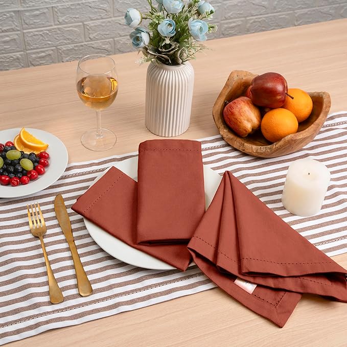 Blue Needles Set of 6 Hemstitch Linen Napkins 100% Cotton Rust Cloth Dinner Napkins 18x18 inches, Soft, Reusable, Absorbent, Washable, Ideal for Wedding Events, Parties & Everyday Use