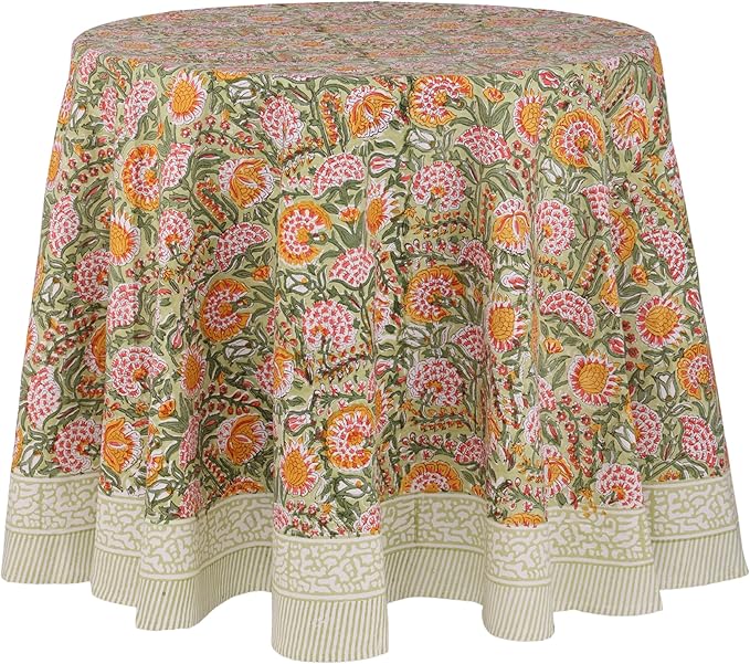 ATOSII Clover Green 100% Cotton Round Tablecloth, Hand Block Print Floral Table Cloth for Kitchen Dining Linen I Parties, Weddings, Outdoors, Holidays, Easter I Spring Summer 90" Inches Round
