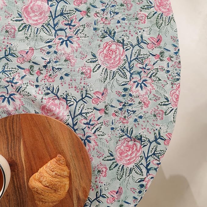 Hand Block Printed Table Cover - Exquisite Design, Premium Cotton Fabric, Perfect for Dining and Decor, Dining Table Linen(Mint Green,10 Seater 108 Inches Round)