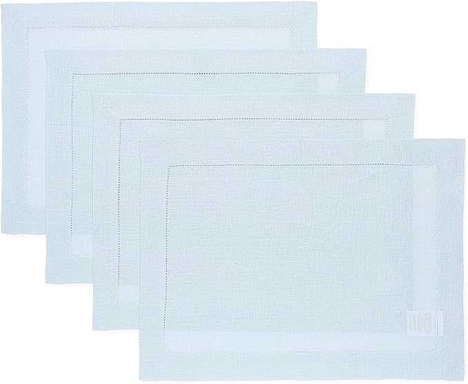 Solino Home Linen Placemats Set of 4 - Classic Hemstitch Light Blue Placemats 14 x 19 Inch - 100% Pure Linen Table Mats for Winter, Spring, Easter