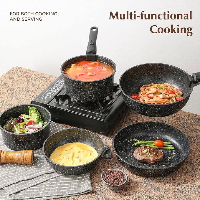 Ceramic Nonstick Pots and Pans Set with Detachable Handle,9 Pcs Pots and Pans Set Non Stick,Kitchen Essentials,RV Kitchen Pot and Pan,Stackable Induction Cookware,Black
