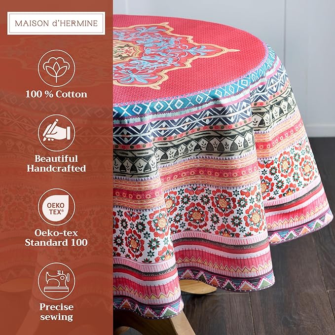 Maison d' Hermine Table Cloth Round Table 100% Cotton 63 Inches Fall Tablecloth Reusable Everyday Use for Thanksgiving Christmas Decorations Dining Farmhouse Party (Ispahan)