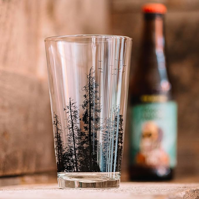 Black Lantern Nature Themed Pint Glasses Set of 2 – Pine Tree Forest Landscape Hand-Printed Beer Glass Set - 16oz. Capacity
