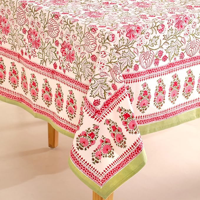 Hand Block Printed Table Cover - Exquisite Design, Premium Cotton Fabric, Perfect for Dining and Decor, Dining Table Linen (Peach Rose Bloom, 12 Seater 72 x 135 Inches Rectangle)