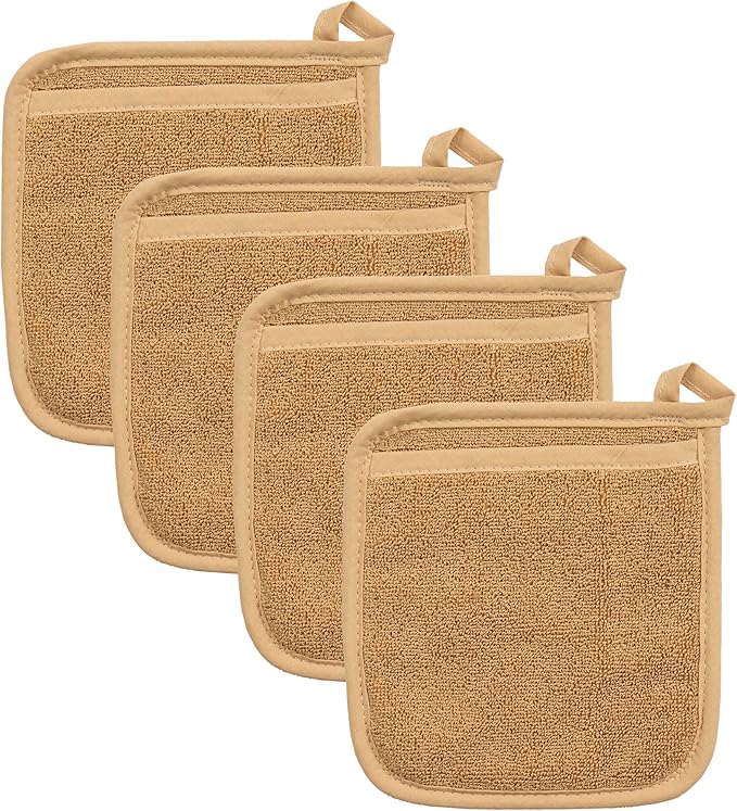 RITZ Terry Pocket Mitt & Hot Pad: Unparalleled Heat Resistant, Durable 100% Cotton – Ergonomically Designed for Optimal Grip – Easy-Care Machine Washable – 4-Pack, Straw