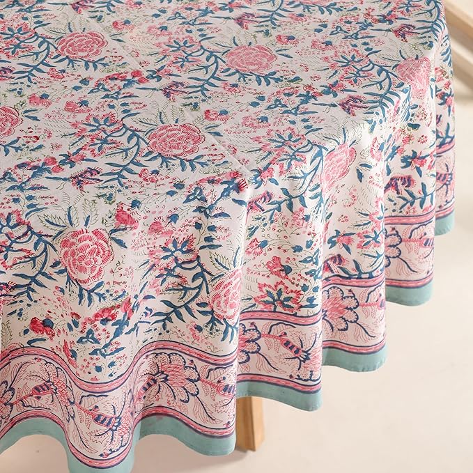 Hand Block Printed Cotton Tablecloth – Elegant Floral Design Perfect for Dining Table Kitchen Parties Home Decor, Wall Tapestry (Salmon Pink, 8 Seater 90 Inches Round)