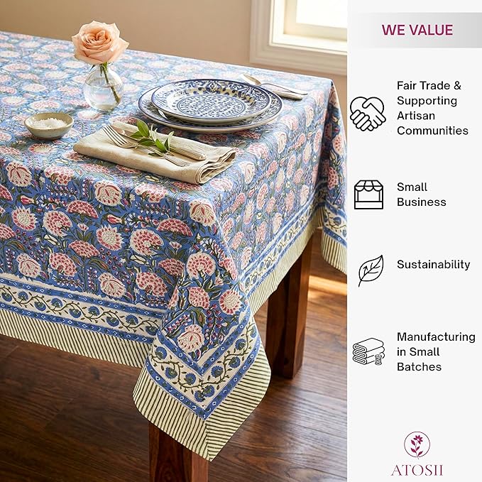 ATOSII Clover Pink 100% Cotton Rectangle Boho Fall Tablecloth, Handblock Floral Table Cloth Linen for Kitchen Dining I Parties Wedding Outdoors Christmas Thanksgiving I 72 X 108 Inches I 8 Seater