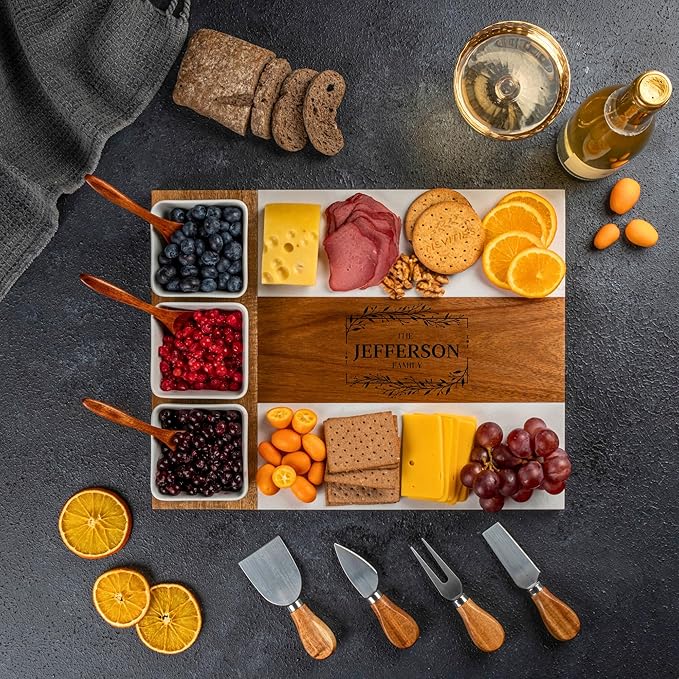 Personalized Charcuterie Board - Custom Engraved Wooden Marble Cheese Boards for Bridal Shower, Wedding, Housewarming, Anniversary, Birthday for Couples, Valentines Day Gifts for Her, Women