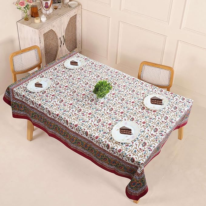 Handblock Print Cotton Tablecloth – 60x60 Square Table Cover 4 Seats – Indian Block Printed Floral Dining Table Linen – Boho Washable Cloth for Kitchen, Party, Outdoor, Red