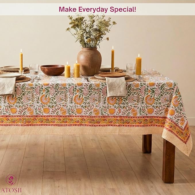 ATOSII Clover Yellow 100% Cotton Rectangle Fall Tablecloth, Handblock Floral Print Linen Table Cloth for Kitchen Dining I Parties, Outdoors, Christmas, Thanksgiving I 72 X 108 Inches I 8 Seater