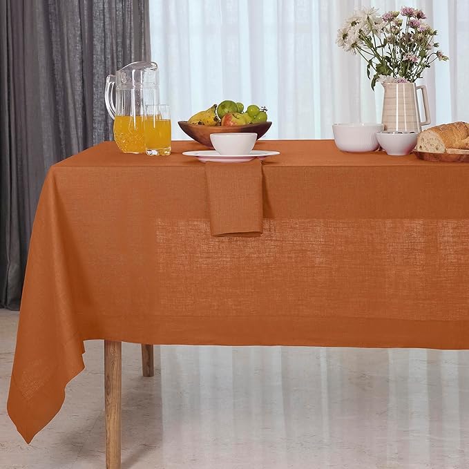 D'Moksha Homes Rust Tablecloth 60 x 108 Inch - 100% Pure Linen Rectangular Tablecloth - Machine Washable Table Cloth for Spring, Easter