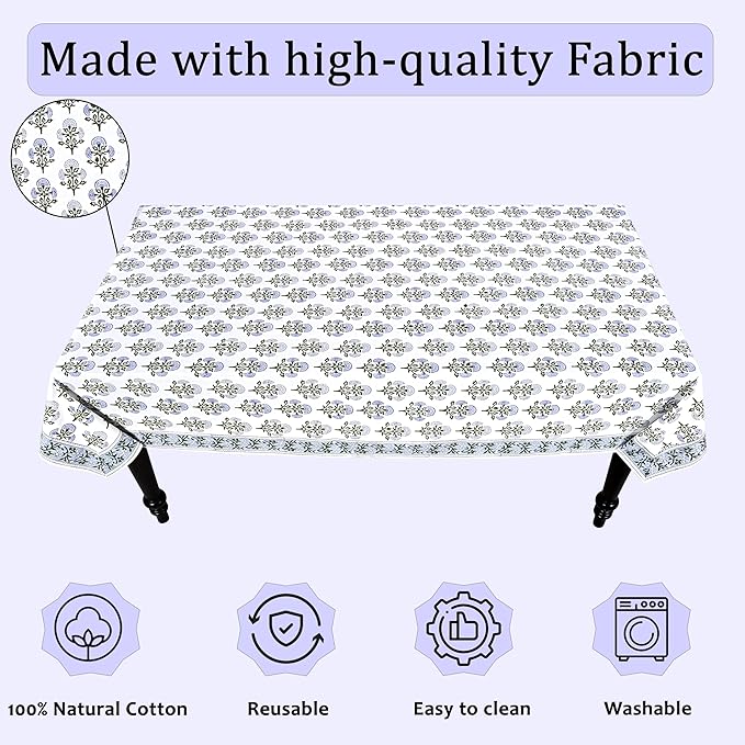 Ridhi Hand Block Print Mughal Buta Blue Rectangle Cotton Tablecloth 108" x 60" Reusable Table Cover Decorative Everyday Use for Dining, Farmhouse, Home Gift for Spring, Easter, Valentine