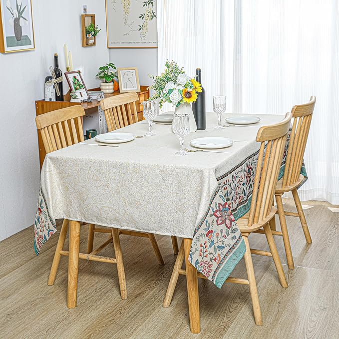 Dimatic Cotton and Linen Rectangular Plant Elements Tablecloth,Suitable for Kitchen, Dining Table, Picnic, Party Holiday Decoration Table Cover, White 55 X 86 Inch