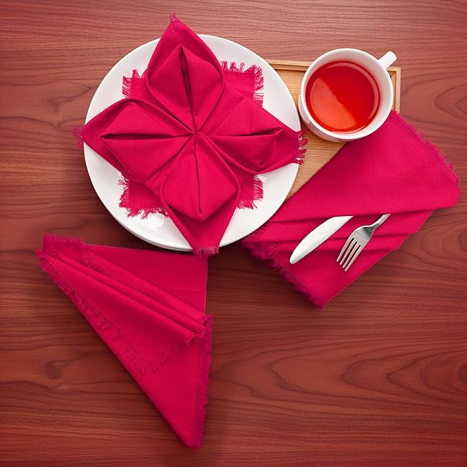 Lightnpro Cotton Napkins Set of 12, Beautiful Handmade Fringe Dinner Cloth Napkins, Washable and Reusable for Dining, Parties, Weddings, Holiday & Everyday Use - 18x18 Inch Magenta