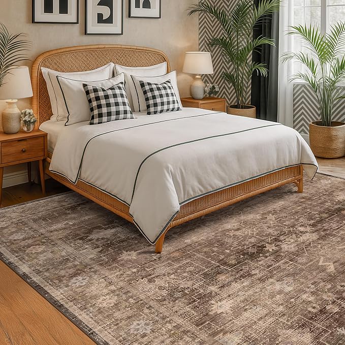 Boho Brown Living Room Rug 6x8 - Modern Vintage Traditional Oriental Taupe Neutral, Washable Low Pile Non-Slip Extra Large Area Rugs for Dining Under Table Bedroom Lounge