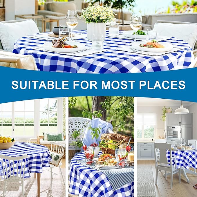 Hiasan Checkered Round Tablecloth 70 Inch - Waterproof Stain and Wrinkle Resistant Washable Fabric Table Cloth for Dining Room Party Outdoor Picnic, Royal Blue and White