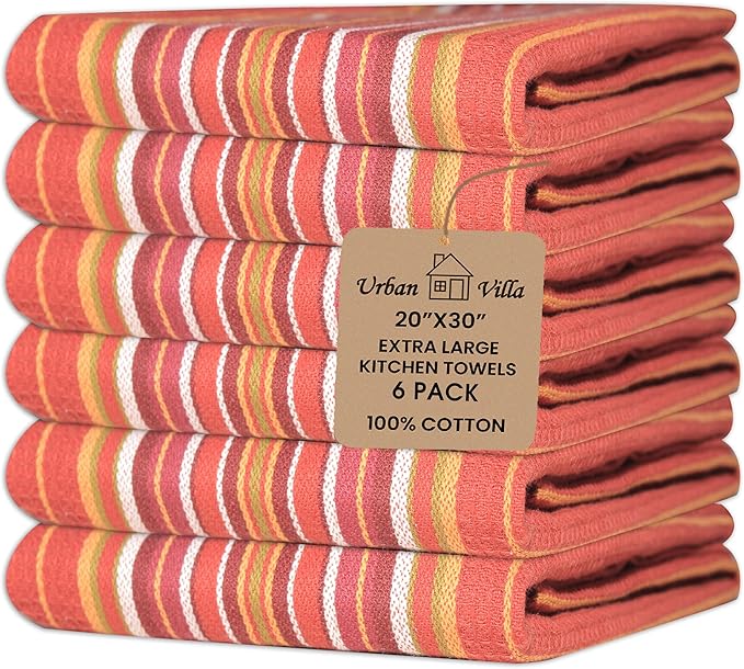 Urban Villa Kitchen Towels 100% Cotton Dish Towels for Kitchen(Set of 6) 20”x30” Dish Cloths Highly Absorbent Kitchen Linen Set with Hanging Loop Perfect for Drying Dishes Cleaning Hand Towels - Rust