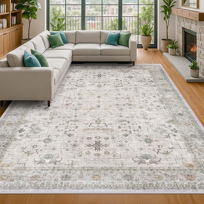 Boho Light Grey 5x8 Living Room Rug - Modern Vintage Eclectic Floral Pastel Neutral Taupe, Washable Low Pile Non-Slip Large Area Rugs for Nursery Dining Under Table Bedroom Lounge