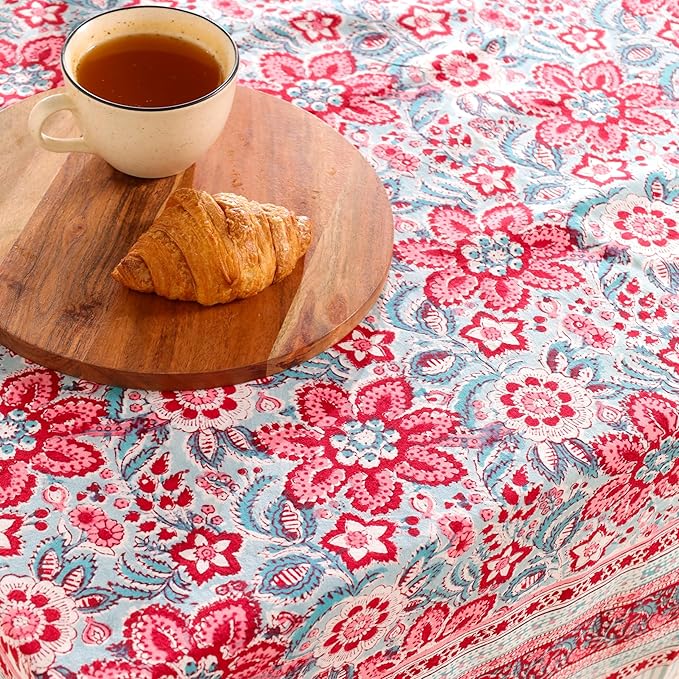 Hand Block Printed Table Cover - Exquisite Design, Premium Cotton Fabric, Perfect for Dining and Decor, Dining Table Linen (Scarlet Garden Grace, 12 Seater 72 x 135 Inches Rectangle)