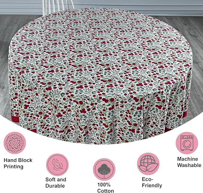 Ridhi Block Print Round Garnet Red Reusable Tablecloth 100% Cotton 60" Inch Decorative Table Cover eveyday Dining, Home, Party, Wedding, Farmhouse Gift for Spring, Easter, Valentine