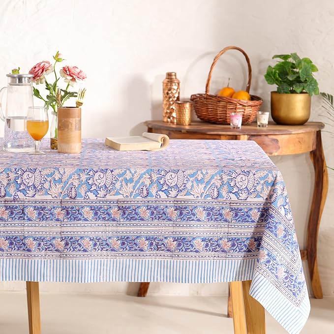 Hand Block Printed Table Cover - Exquisite Design, Premium Cotton Fabric, Perfect for Dining and Decor, Dining Table Linen (Flamingo Bloom Gray, 6 Seater 60 x 90 Inches Rectangle)