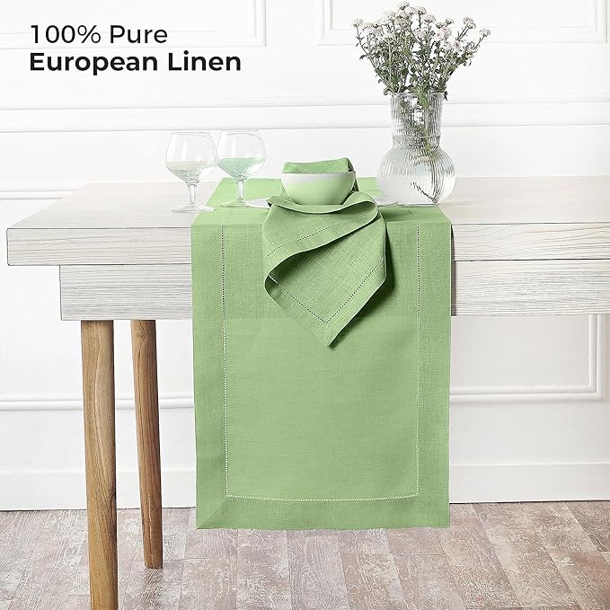 D'Moksha Homes Linen Sage Green Table Runner 60 Inches - Classic Hemstitch, 100% Pure Linen Coffee Table Runner 14 x 60 Inch Ideal for Dresser Tables - Spring, St Patricks Day, Easter