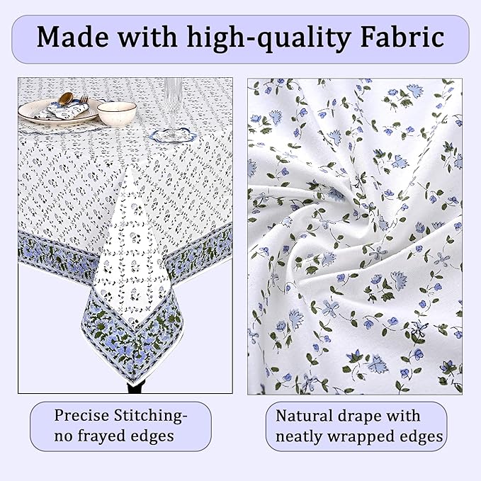 Ridhi Hand Block Print Powder Blue Rectangle Cotton Tablecloth 90" x 60" Reusable Table Cover Decorative Everyday Use for Dining, Farmhouse, Home Gift for Spring, Easter, Valentine
