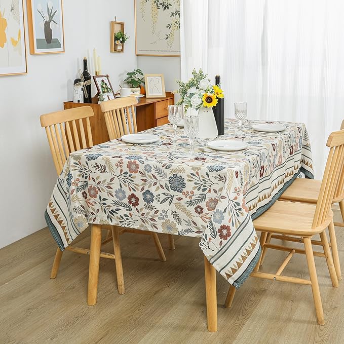 Dimatic Cotton and Linen Rectangular Tablecloth for Kitchen Dining Table, Camping, Holiday Party Decor, Bluebell Pattern, 55 x 86 Inches