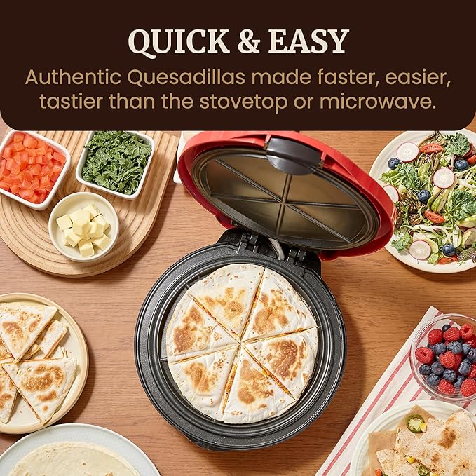 Elite Gourmet 11" Cheesy Quesadilla Maker, 2-Position Locking Latch For Extra Stuffing, Easy-Slice 6-Wedge, Red