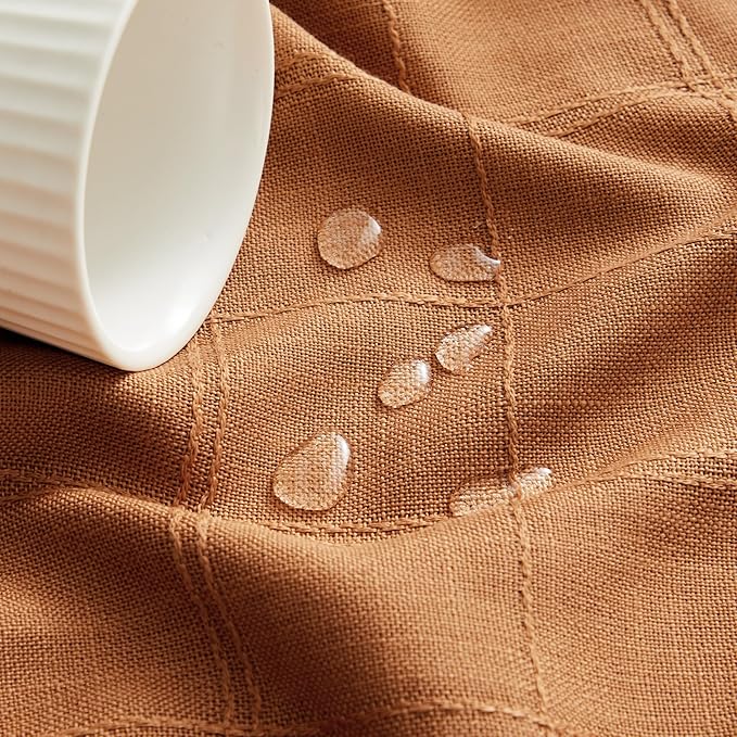 ZeeMart Linen Checked Table Cloth, Farmhouse Style Plaid Embroidered Caramel Tablecloth, Water Resistant Rectangle Table Cloth, Caramel 60x84 Inches