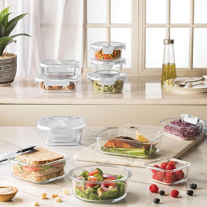 FineDine 24 Piece Glass Airtight Storage Containers with Lids - Leak Proof, Dishwasher Safe Glass Food Storage Containers for Meal Prep or Leftovers, White
