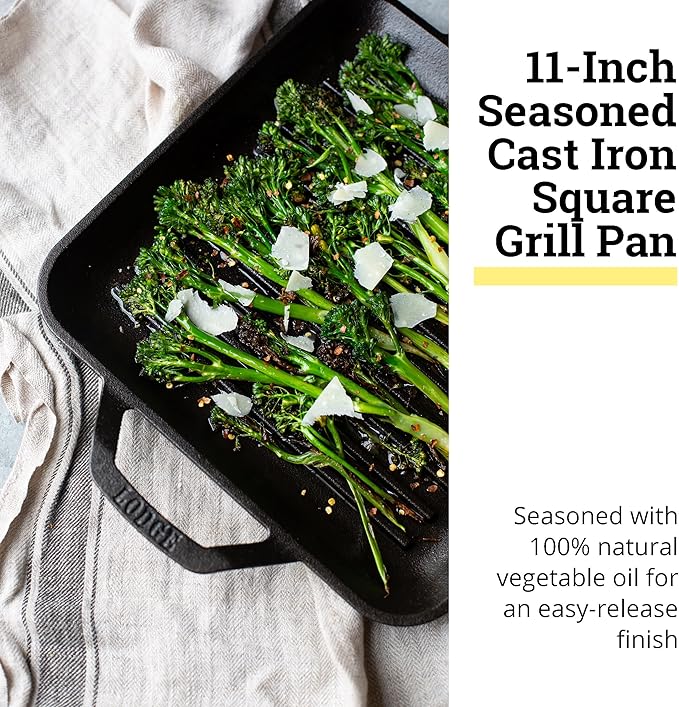 Lodge 11" Cast Iron Square Grill Pan - Chef Collection - Pre-Seasoned Cast Iron Pan - Versatile Cooking - Indoor & Outdoor Use - Incredible Heat Retention