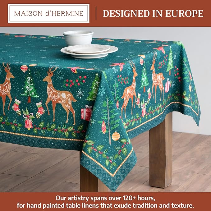 Maison d' Hermine Table Cloth Rectangle Table 100% Cotton 70 x 120 Inches Fall Tablecloth Reusable Everyday Use for Thanksgiving Christmas Decorations Dining Farmhouse Party (Hygge Christmas)