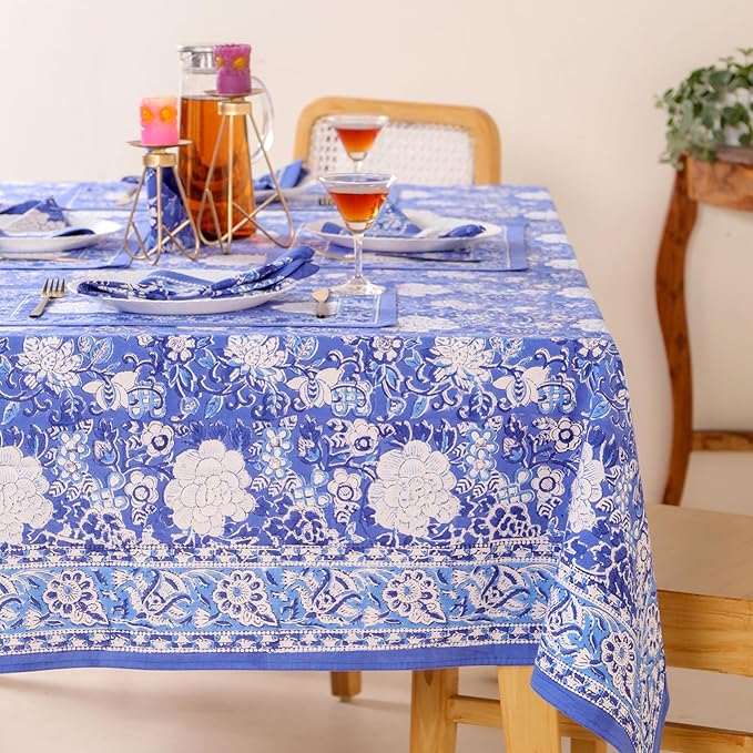 Hand Block Printed Table Cover - Exquisite Design, Premium Cotton Fabric, Perfect for Dining and Decor, Dining Table Linen(Prussian Blue,12 Seater 72 x 135 Inches Rectangle)