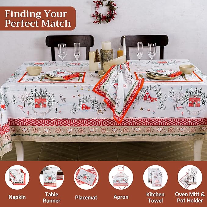 Maison d' Hermine Table Cloth Rectangle Table 100% Cotton 70 x 120 Inches Fall Tablecloth Reusable Everyday Use for Thanksgiving Christmas Decorations Dining Farmhouse Party (Rural Christmas)