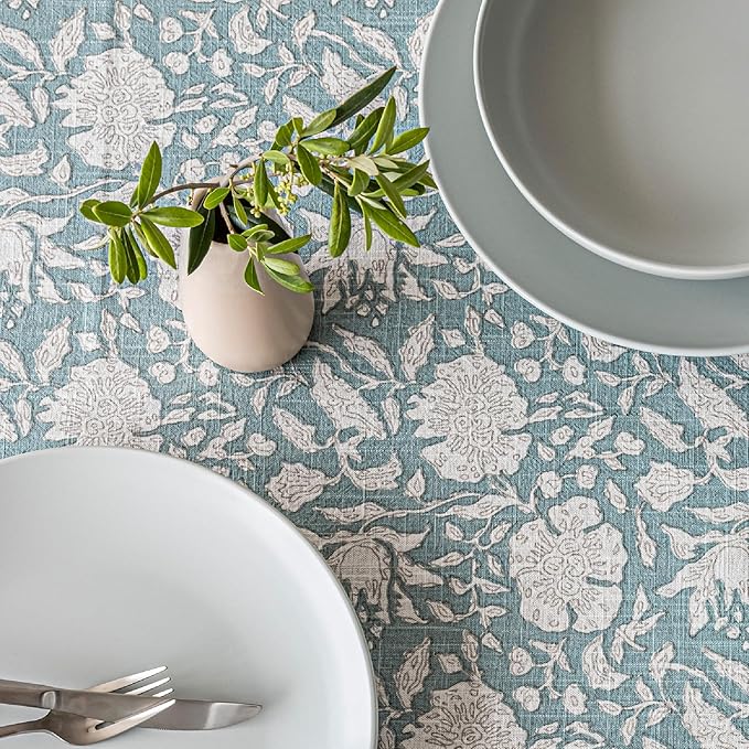Over&Back Hand-Screened Tablecloth - Dining Table Cover - Each Tablecloth is Unique - 100% Cotton - Machine Washable - Kitchen and Home Decor - Blue Floral - 70x108