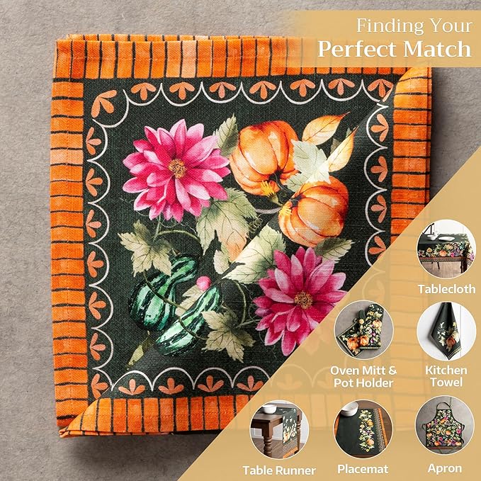 Maison d' Hermine Cloth Napkins Set of 4 100% Cotton for Thanksgiving Christmas Decorations Everyday Reusable Square Fall Napkins Cloth Washable Dinner Party (Pumpkin Garden - Dark Green, 20"x20")