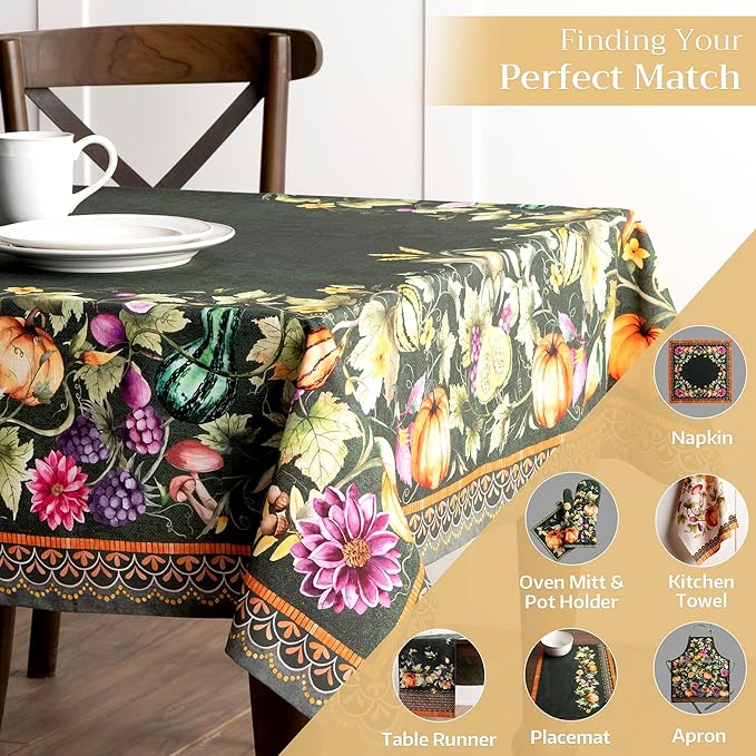 Maison d' Hermine Table Cloth Rectangle Table 100% Cotton 60 x 108 Inches Fall Tablecloth Reusable Everyday Use for Thanksgiving Christmas Decorations Dining Farmhouse (Pumpkin Garden - Dark Green)