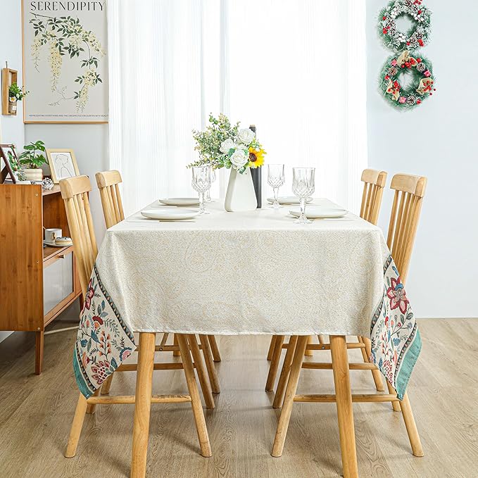 Dimatic Cotton and Linen Rectangular Plant Elements Tablecloth,Suitable for Kitchen, Dining Table, Picnic, Party Holiday Decoration Table Cover, White 55 X 86 Inch