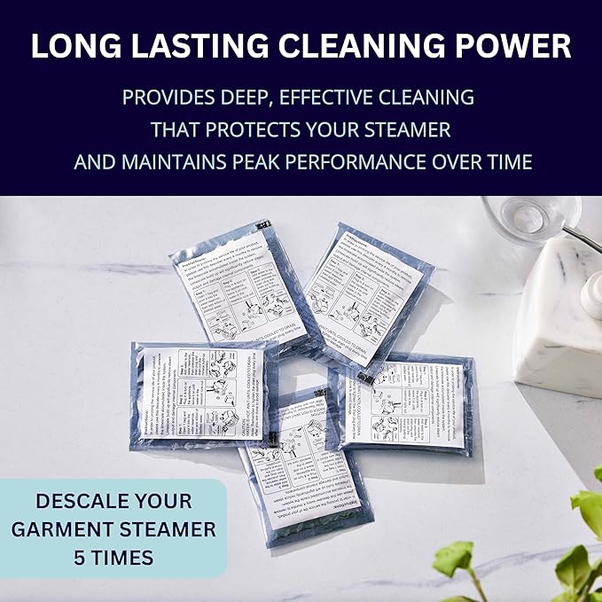 SALAV Garment Steamer Descaling Solution Decalcifier Packets for Mineral Deposits and Build-up Removal, Maintenance for Clothes, Works with all Garment Steamer Brands, Cleans Build Up, 5 packs