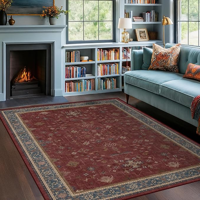 5x8 Boho Dark Red Rug for Living Room - Vintage Oriental Revival Low-Pile Carpet for Bedroom, Dining Table, Machine Washable Area Rug Non-Slip with Rubber Back