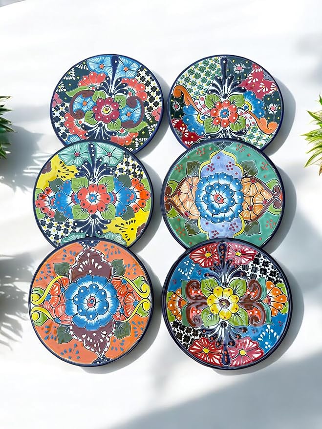 Set of 6 Talavera Plates - 10” Handcrafted Mexican Pottery Plates, Colorful Decorative Wall Art, Lead-Free, Heat & Dishwasher Safe