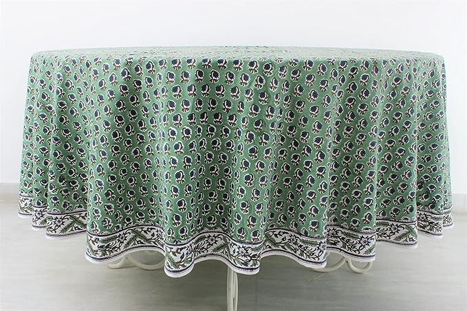 Ridhi Block Print Round Basil Green Reusable Tablecloth 100% Cotton 132" Inch Decorative Table Cover eveyday Dining, Home, Party, Wedding, Farmhouse Gift for Spring, Easter, Valentine