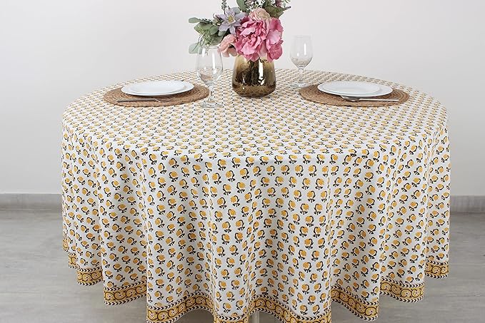 Ridhi Block Print Round Vintage Yellow Reusable Tablecloth 100% Cotton 60" Inch Decorative Table Cover eveyday Dining, Home, Party, Wedding, Farmhouse Gift for Spring, Easter, Valentine
