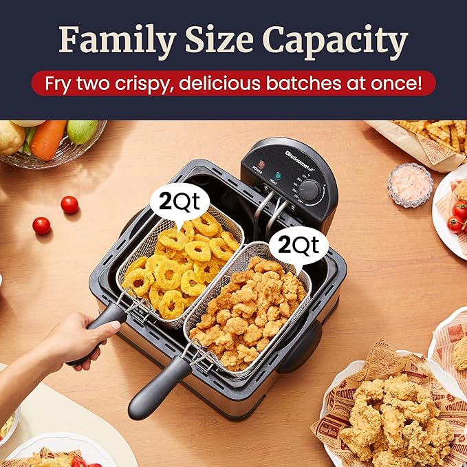 Elite Gourmet EDF434 Electric Deep Fryer 4.5 Quart Oil Capacity with Temperature Knob, 2 Baskets, Powerful 1700 Watts, Lid with Anti-Odor Filter & Viewing Window, Stainless Steel