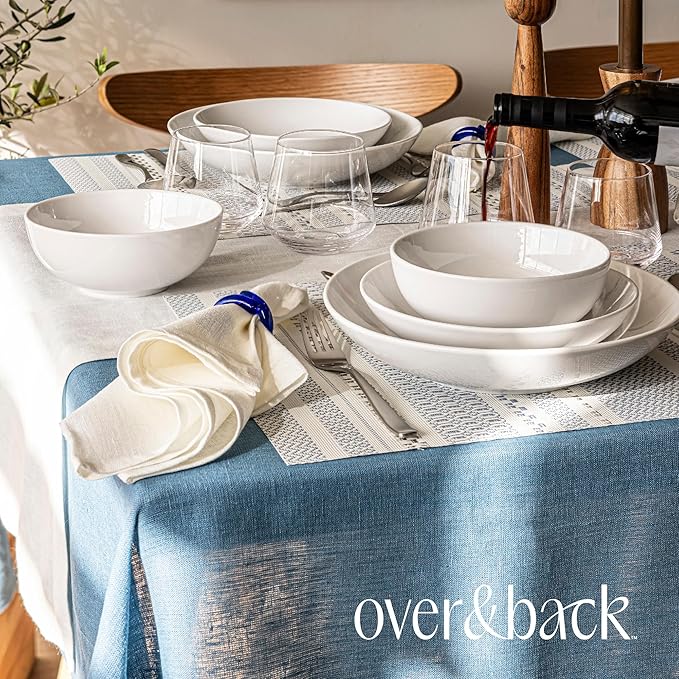 Over&Back 100%-Linen Woven Tablecloth - Colorful Dining Room Table Cover - Mitered Corner Hems - Machine Washable - Kitchen and Home Decor - Blue - 70x108