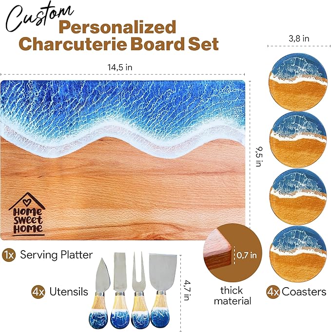 Resin Personalized Charcuterie Board Wedding Gift, Ocean Resin Cutting Board, Beach Charcuterie Board, House Warming Gifts New Home Women, Closing Gifts for Home Buyers, Blue Epoxy Cutting