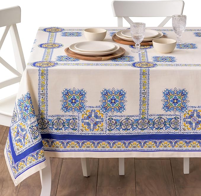 Maison d' Hermine Premium Table Cloth Rectangle Table 100% Combed Cotton 90 x 70 Inches Tablecloth Reusable Decorative for Dining Room, Farmhouse, Home, Party, Festive & Wedding - Sciacca