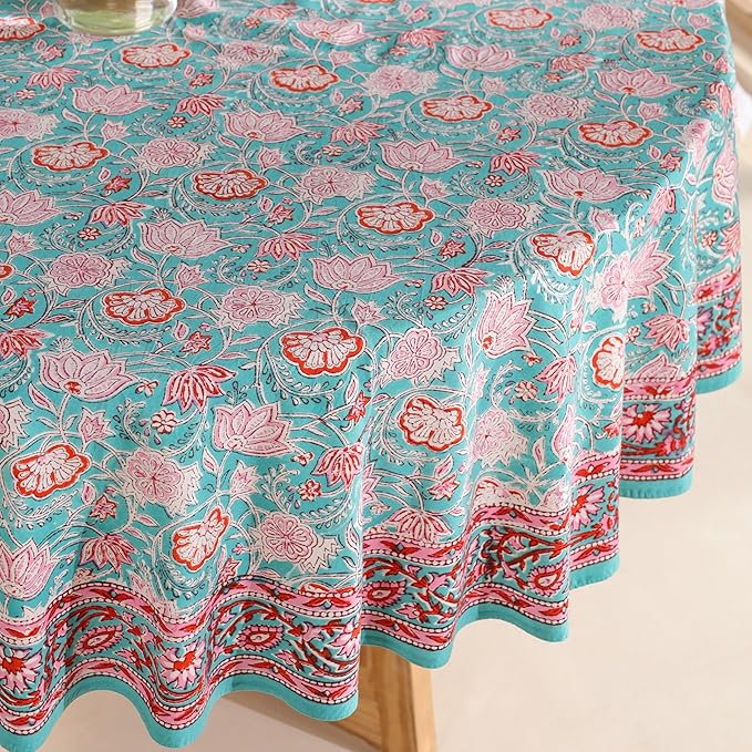 Hand Block Printed Table Cover - Exquisite Design, Premium Cotton Fabric, Perfect for Dining and Decor, Dining Table Linen (Green Delight, 6 Seater 72 Inches Round)