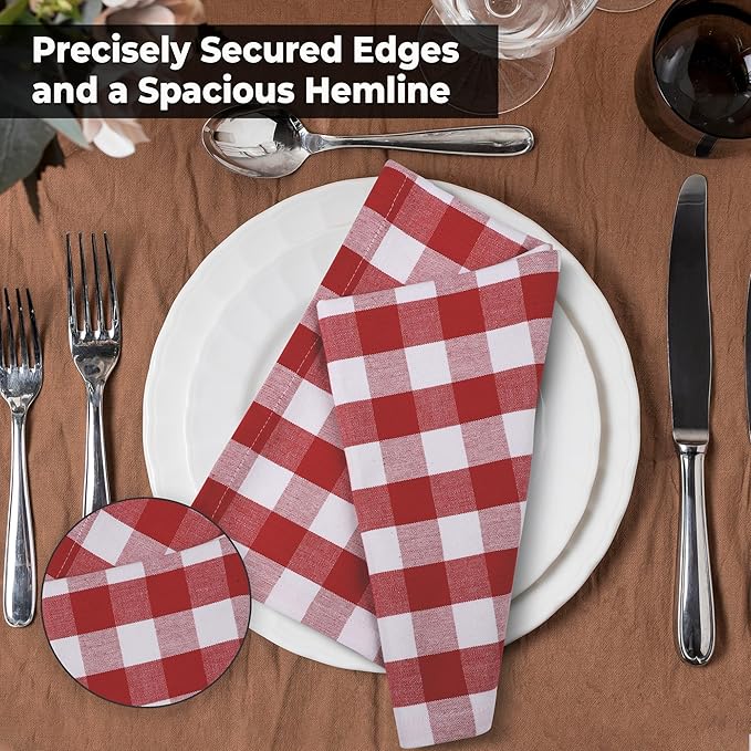 Urban Villa Cotton Dinner Napkins Set of 6, Highly Absorbent 20x20 Inches Premium Cloth Napkins Hotel Quality Reusable & Washable Table Dinner Napkins for Home & Weddings - Red/White, Checks